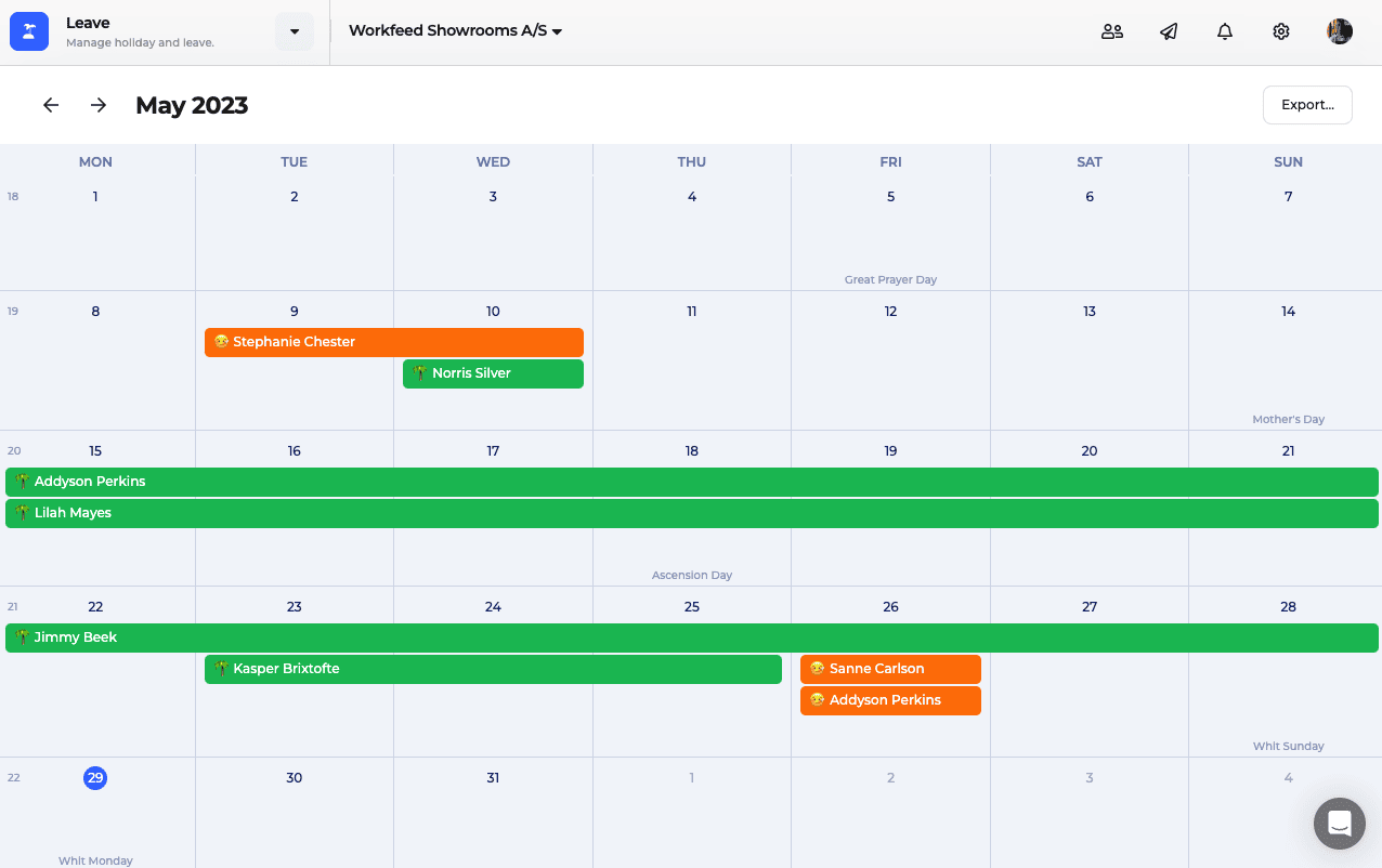 leave calendar in Workfeed